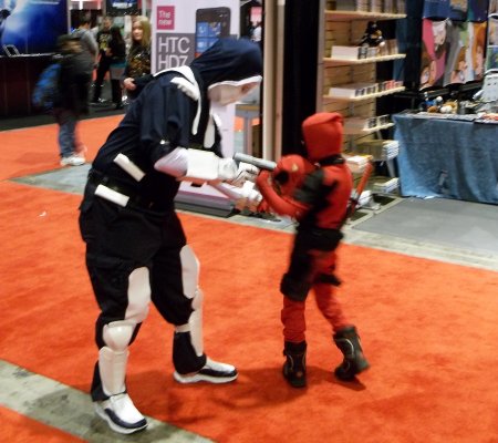 taskmaster and deadpool costume at C2E2