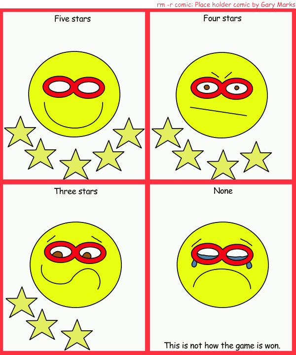 Remove R Comic (aka rm -r comic), by Gary Marks: Champions online 
Dialog: 
Panel 1 
Caption: Five stars 
Panel 2 
Caption: Four stars 
Panel 3 
Caption: Three stars 
Panel 4 
Caption: None 
Caption: This is not how the game is won. 
