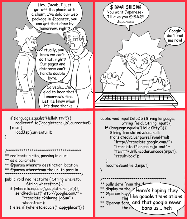 Remove R Comic (aka rm -r comic), by Gary Marks: Konnichiwa nihongo 
Dialog: 
Panel 1 
Jackeroo: Hey, Jacob, I just got off the phone with a client, I've sold our web package in Japanese, you can get that done by tomorrow, right? 
Jacob: Actually, you know we can't do that, right? Our pages and database can't handle double byte. 
Jackeroo: So yeah... I'm glad to hear that tomorrow's fine. Let me know when it's done thanks. 
Panel 2 
Jacob: $!@#!!$!!!$!@ You want Japanese?! I'll give you @!$#@! Japanese! Google don't fail me now! 
Panel 3 
Screen: if (language.equals("HelloKitty")) { redirectSite("googletrans-jp",currenturl); } else { loadJsp(currenturl); } 
/****************************** 
** redirects a site, passing in a url 
** as a parameter 
** @param whereto destination location 
** @param wherefrom the url to pass in 
*******************************/ 
public void redirectSite (String whereto, 
String wherefrom) { 
if (whereto.equals("googletrans-jp")){ 
sendRedirect("http://google.com/"+ 
"translate.c?hl=eng|ja&u="+ 
wherefrom); 
} else if (whereto.equals("happyplace")){ 
Panel 4 
Screen: public void inputIntoDb(String language, 
String field, String input) { 
if (language.equals("HelloKitty")) { 
String translatedvalue=null; 
translatedvalue=parseFromHtml( 
"http://translate.google.com/"+ 
"translate.t?langpair=ja|en&" +  
"text="+UrlEncoder.encode(input), 
"result-box"); 
} 
loadToBean(field,input); 
} 
Jacob: Here's hoping they like google translations, and that google never bans us... heh 